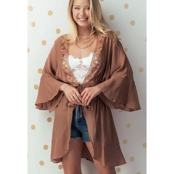 CLEARANCE Mocha Boho Crochet Ruffle Bell Sleeve Cardigan - Picture 4 of 4